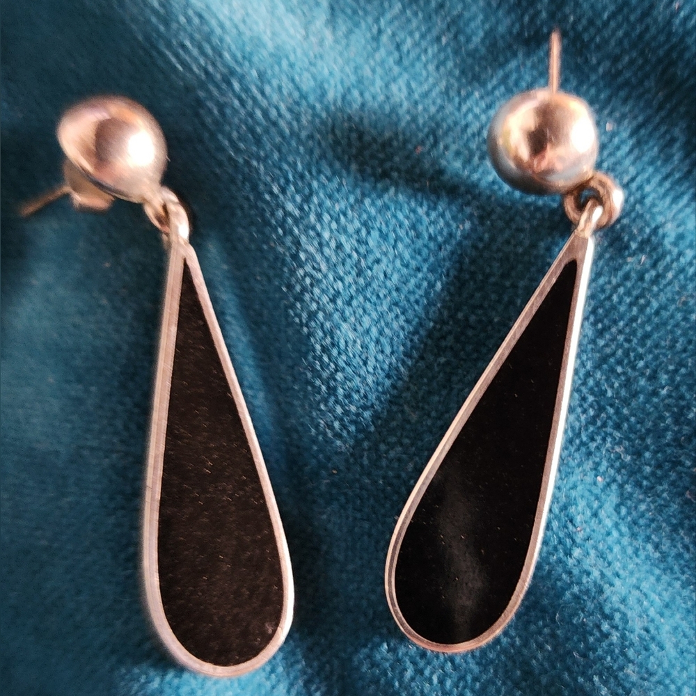 Vintage Sterling and Black Onyx Teardrop Earrings Modernist